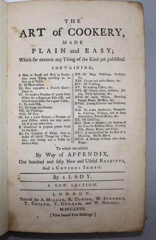 [Glasse, Hannah] - The Art of Cookery Made Plain and Easy, calf, 8vo, replaced endpapers, London 1767